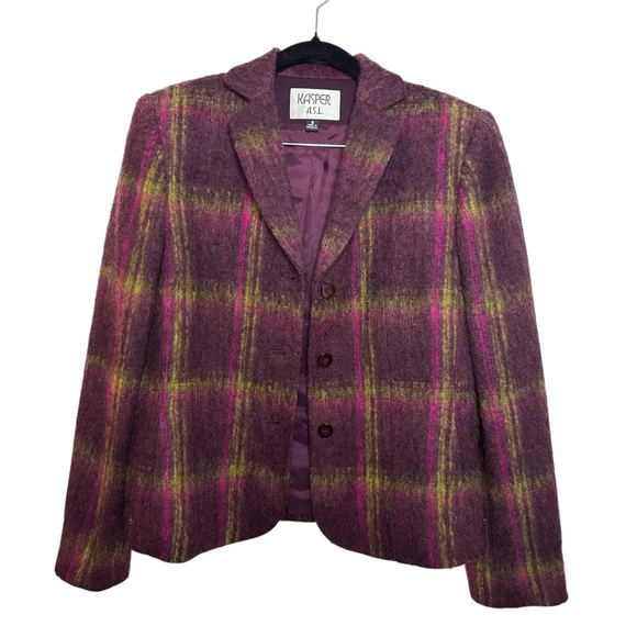 Kasper Jackets & Blazers - Kasper Vintage Plum Purple Green‎ Plaid Wool Blazer Size 6